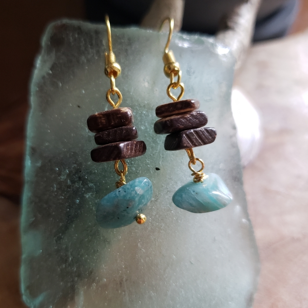 Handmade Turquoise Amazonite x Wood Beads Golden Dainty Healing Earrings